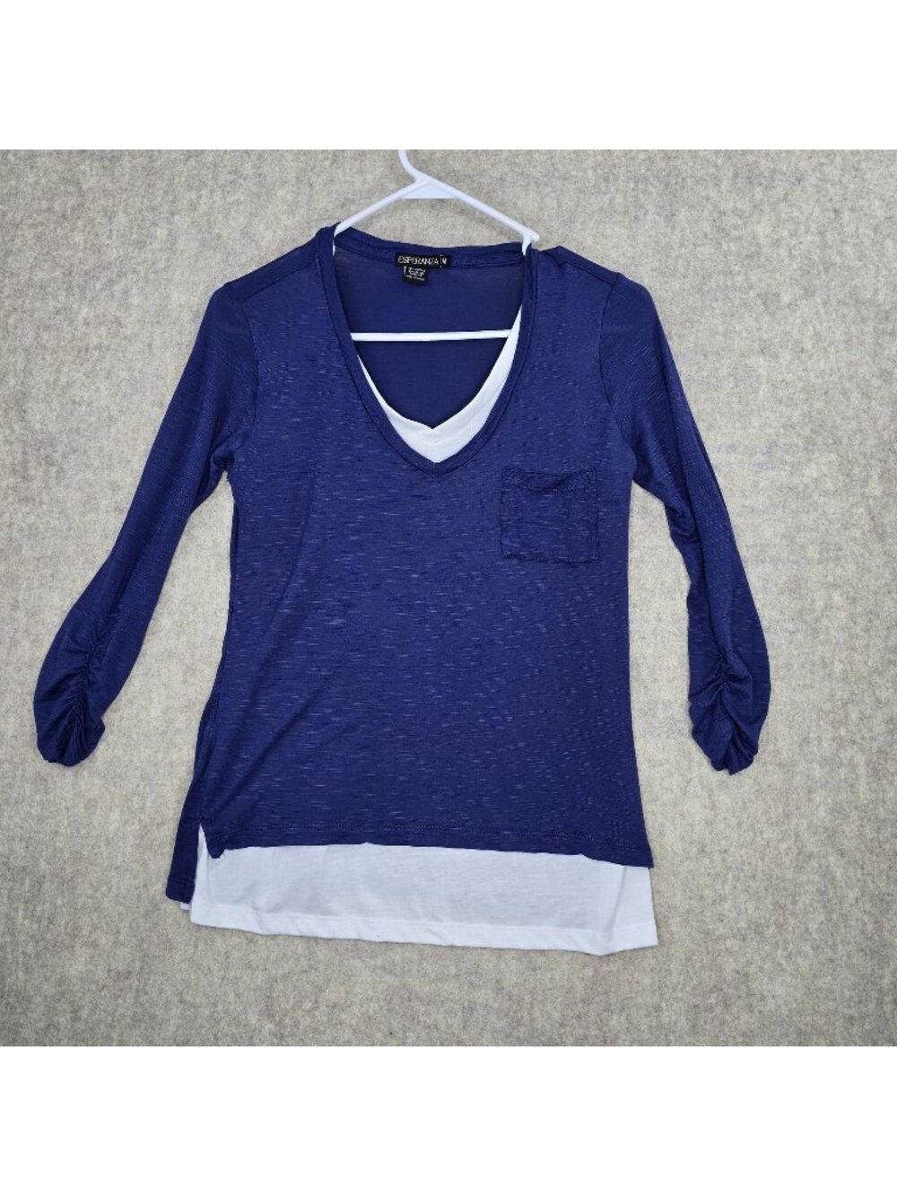 Esperanza Womens Layered Look Long Sleeve Navy & White V-Neck Shirt Size M